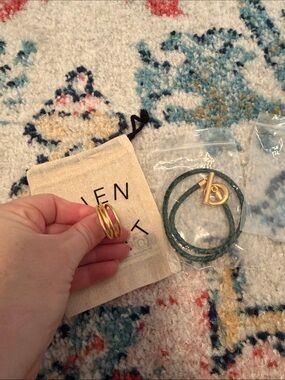 Gold Trio Ring with Green Leather Wrap Bracelet - J Crew